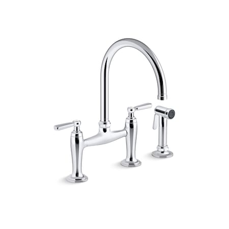 Kohler Two-Hole Bridge Kitchen Sink Faucet With Side Sprayer in Polished Chrome 28356-CP